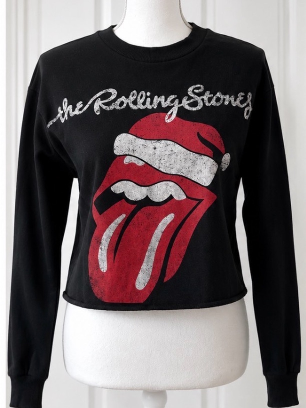 the Rolling Stones Black Crewneck with Red & White Tongue Graphic